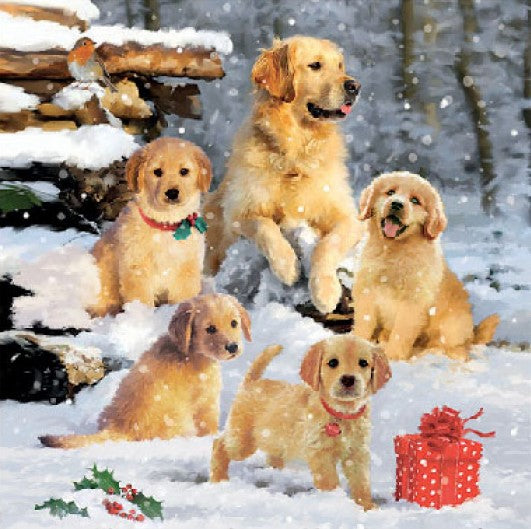 Yellow dogs in snow with red present  from DecoupageNapkins.com