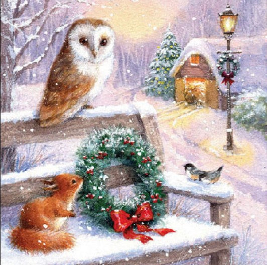 Snow owl sitting on bench with squirrel and wreath in snow from DecoupageNapkins.com