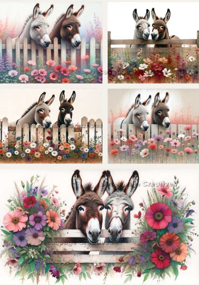 donkey friends at the fence with flowers Decoupage Creatives Rice Paper