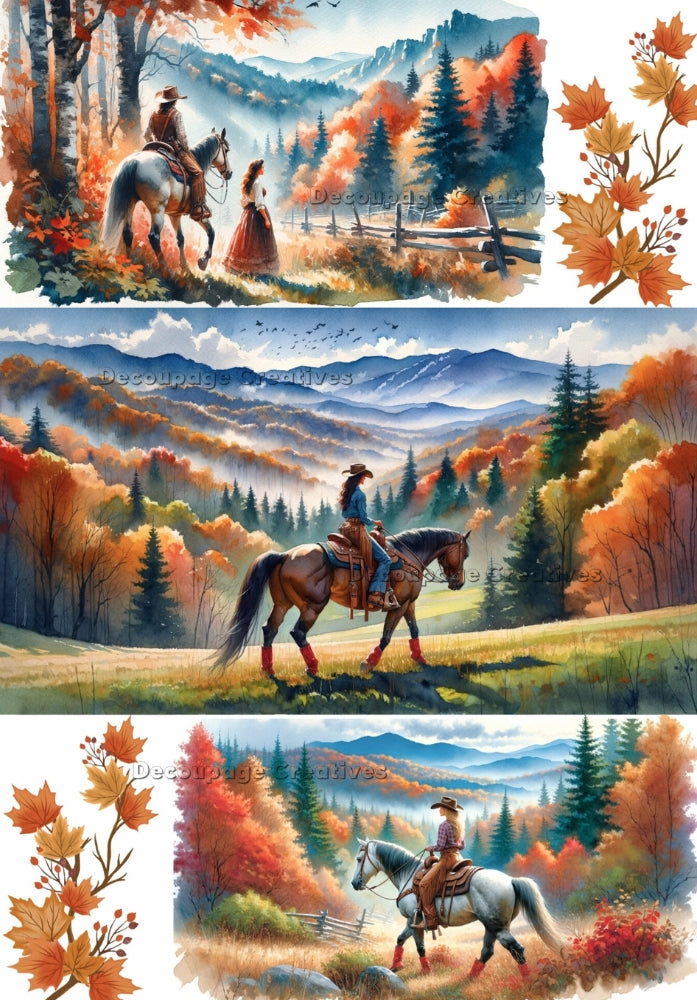 western riding horses in the mountains in the fall Decoupage Creatives Rice Paper