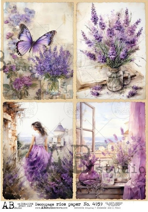 purple butterfly, lilacs young girl  and ocean scenes AB Studio Rice Papers