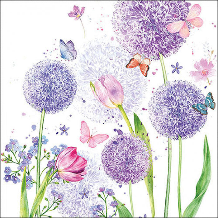 Purple and pink flowers with butterflies on white background.