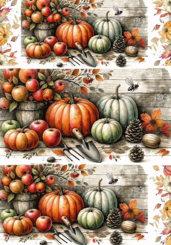 orange and green pumpkins with apples and pine cones Decoupage Creatives Rice Paper