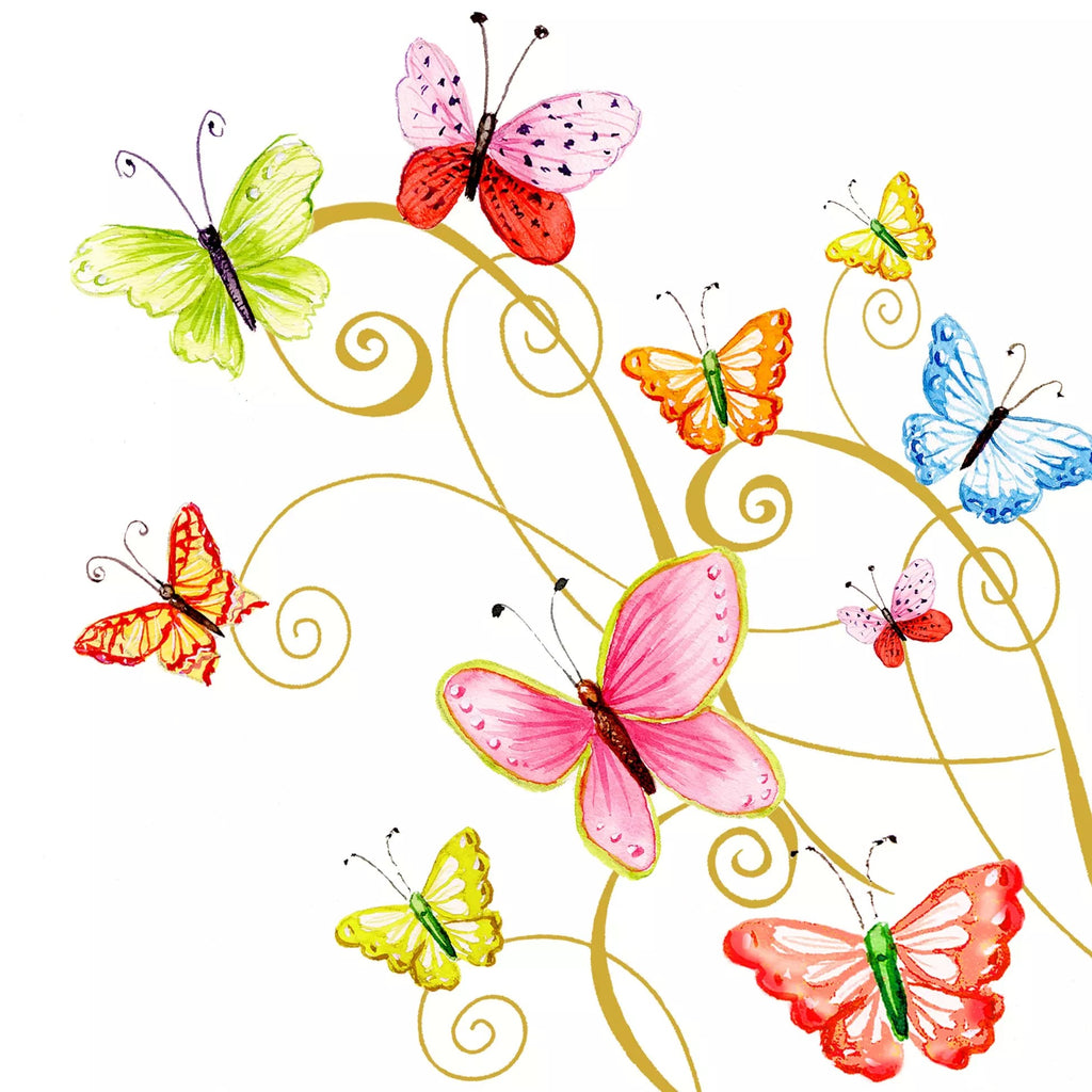 Multicolor butterflies on white background with gold flourishes.