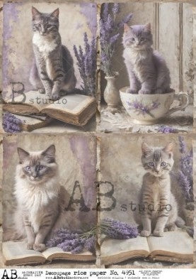 cats with purple lilacs and books and tea cups AB Studio Rice Papers