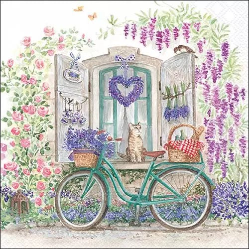 Cat in window sill behind green bicycle surrounded by pink and purple flowers.