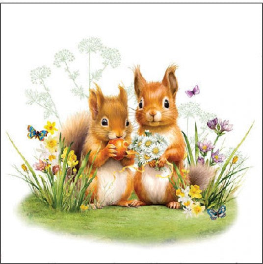 Two brown squirrels holding daisies and acorn among spring flowers on white background.