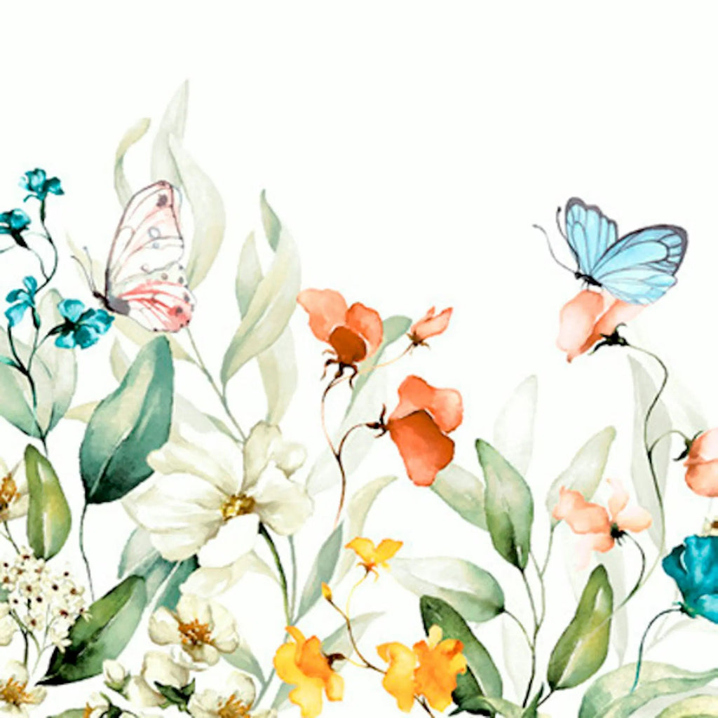 Orange yellow and blue flowers on white background with blue and white butterflies.