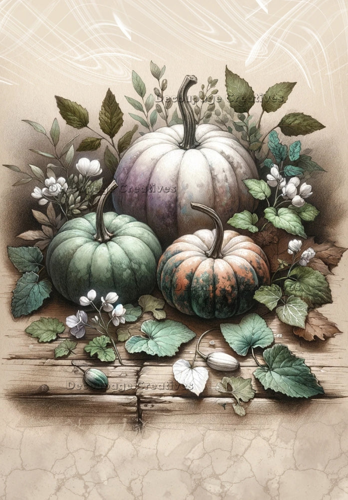 purple, green and orange pumpkins with leaves and white flowers Decoupage Creatives Rice Paper