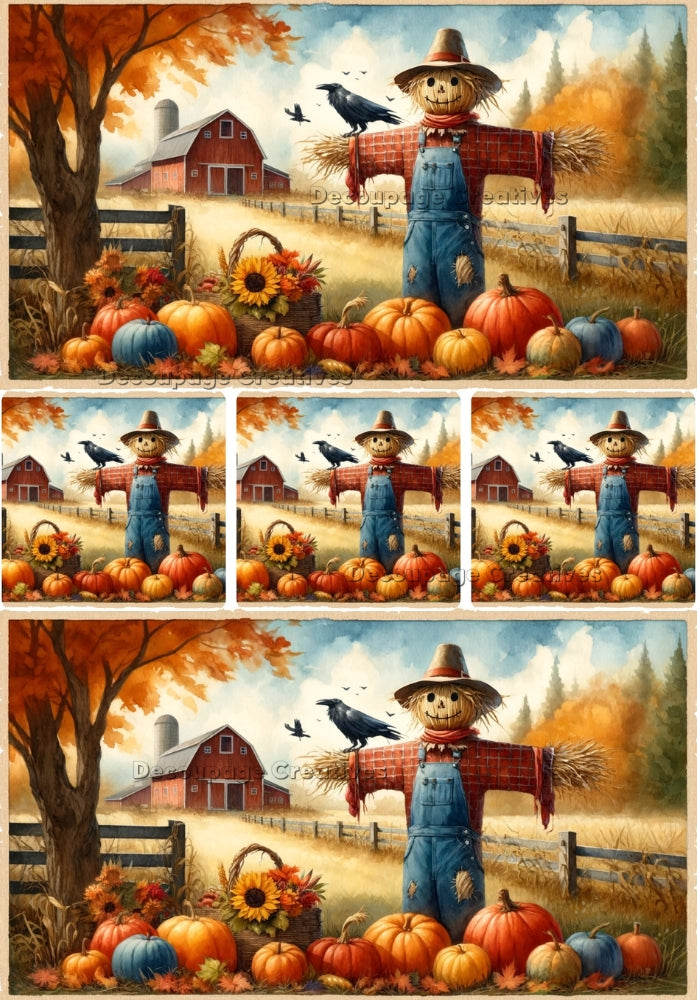 Scarecrow with pumpkins in fall with wheat field and red barn Decoupage Creatives Rice Paper