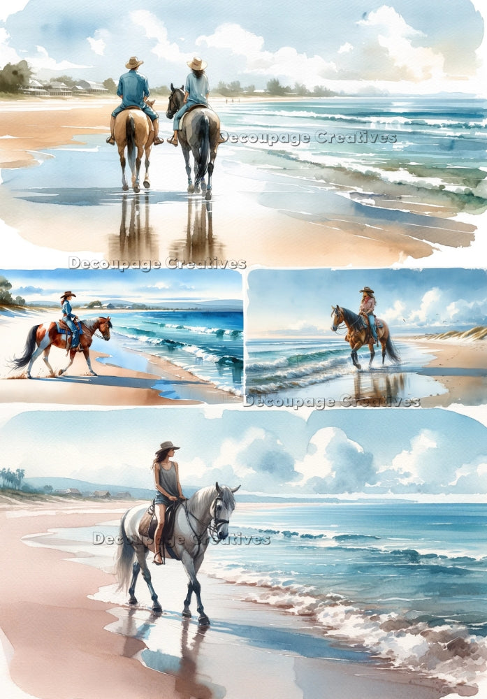 Riding horses on the beach scenes Decoupage Creatives Rice Paper