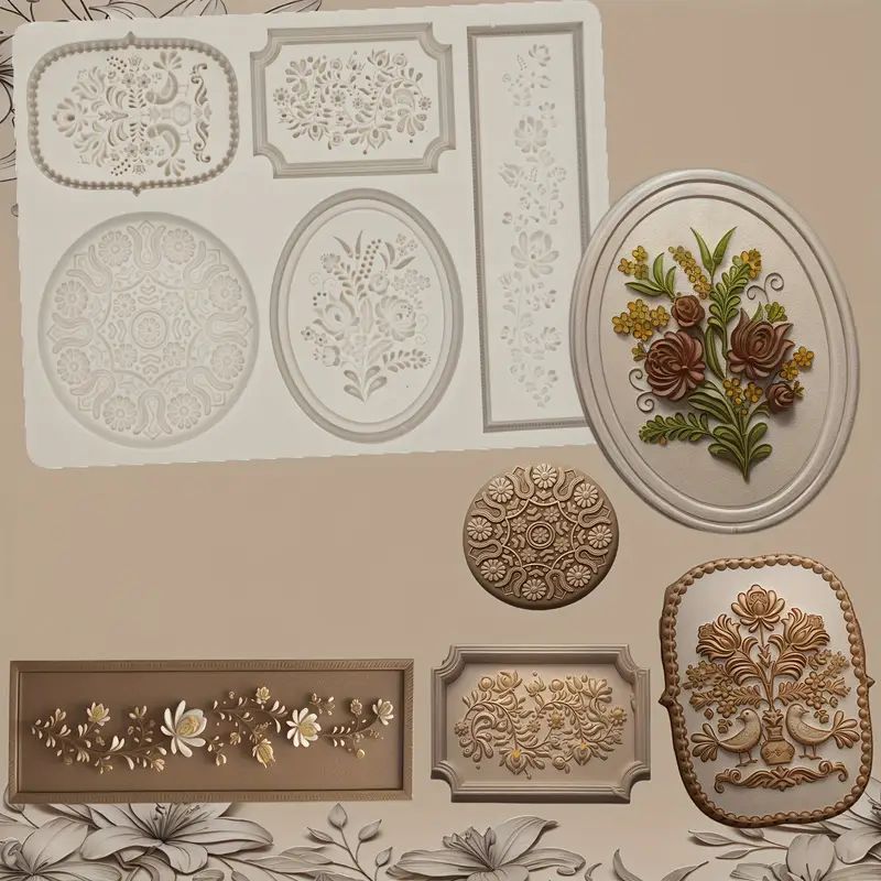 Silicone Craft Accent Mold. Medallions with flowers and flourishes