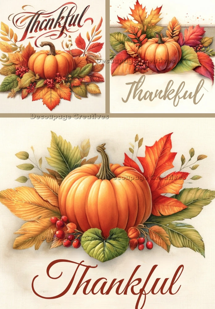 pumpkins in autumn foliage and the word Thankful Decoupage Creatives Rice Paper