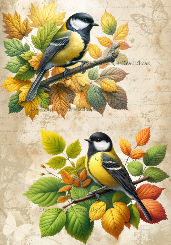 Yellow birds on branch with yellow green and red leaves Decoupage Creatives Rice Paper