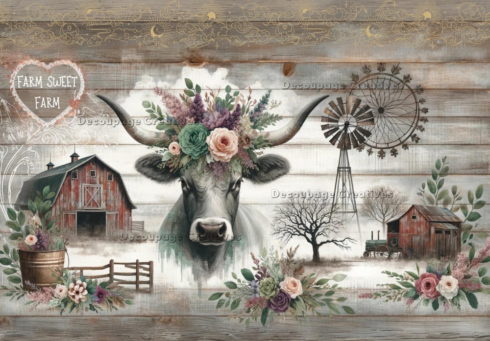 cow with flower tiara  with red barn, wind mills tracktor and fence on a grunge wooden plaque background Decoupage Creatives Rice Paper 