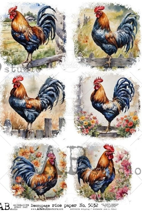 multiple colorful  roosters with blue and red feathers AB Studio Rice Papers