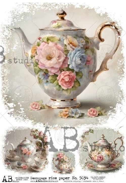 blue tea pot with pink and blue flowers AB Studio Rice Papers