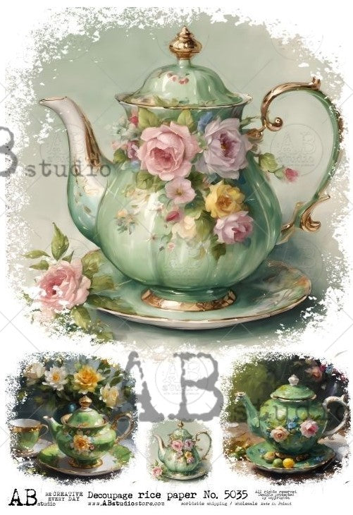 green tea pot with pink flowers AB Studio Rice Papers
