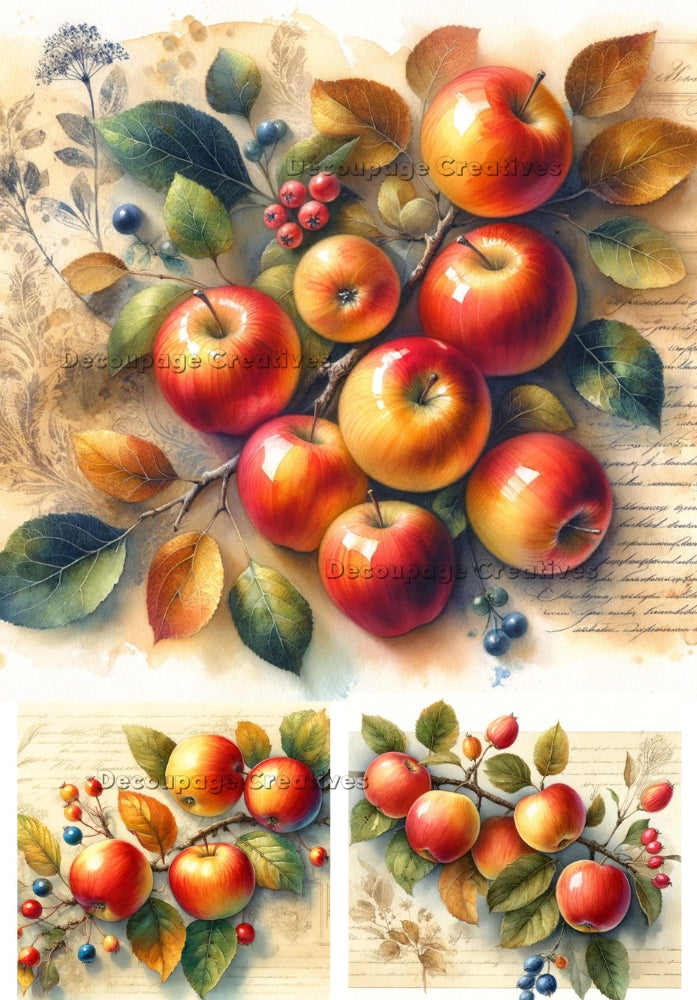 apples on a branch on a background of Vintage paper Decoupage Creatives Rice Paper