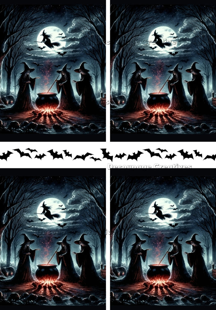 witches around a cauldron at night with a full moon halloween paper Decoupage Creatives Rice Paper