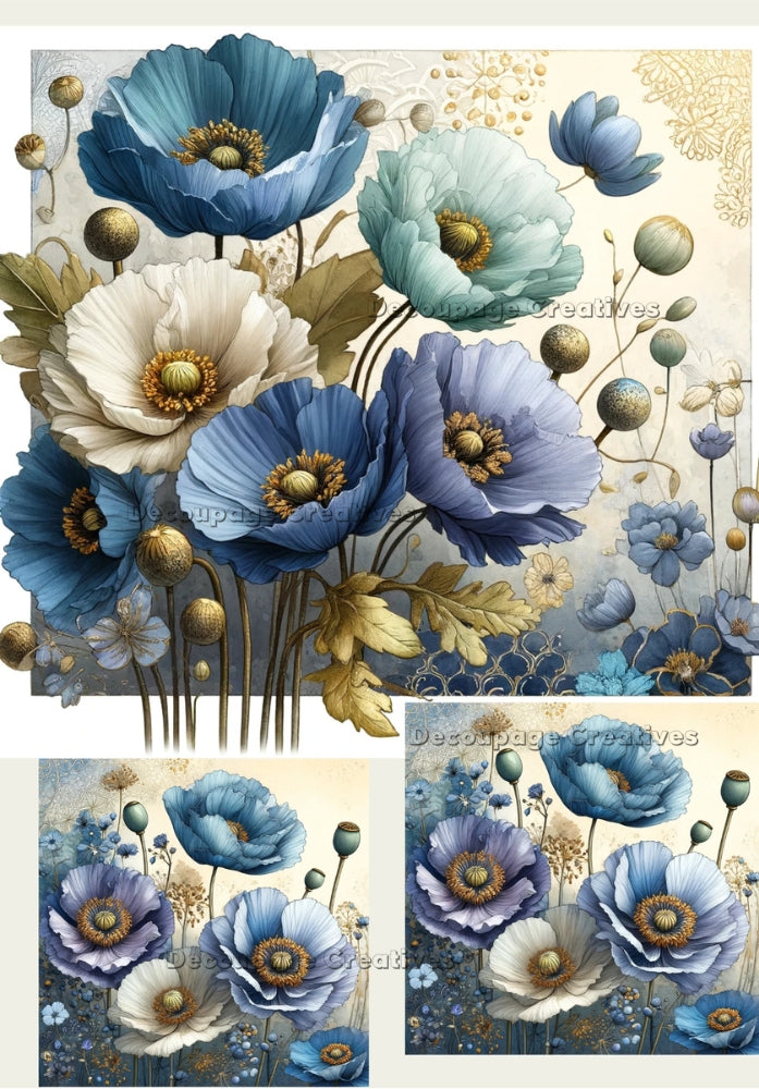 blue and white flowers with gold leaves and stems Decoupage Creatives Rice Paper