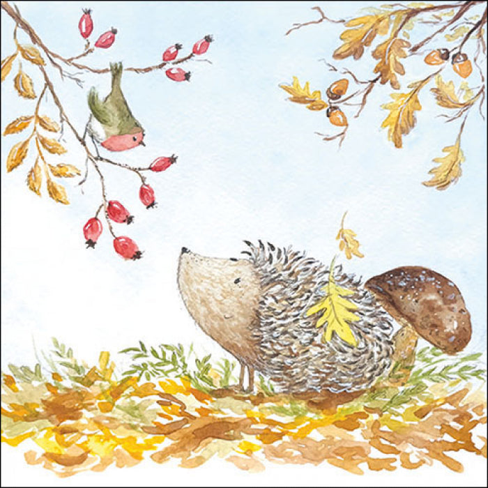 brown hedgehog with orange leaves red berries and bird from DecoupageNapkins.com