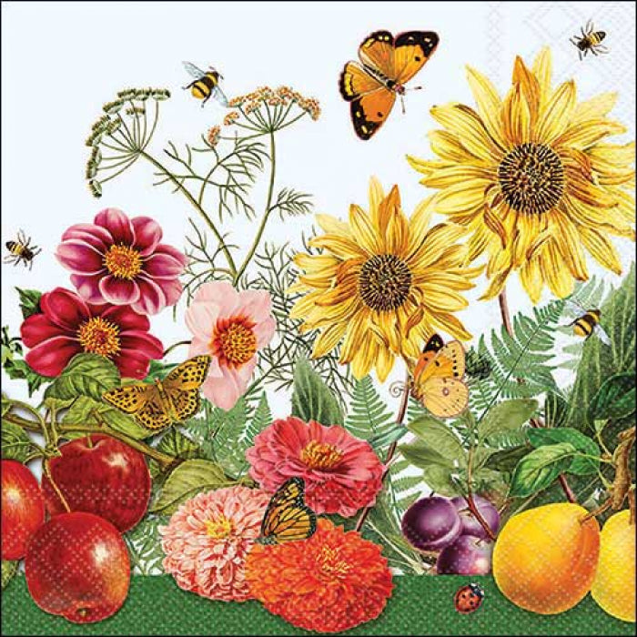 pink orange and yellow flowers with butterflies and bees from DecoupageNapkins.com