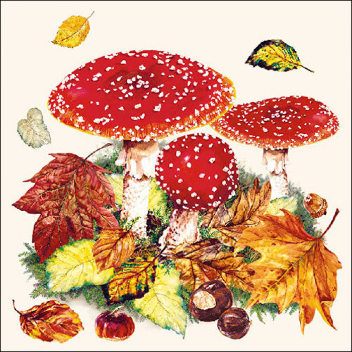 Three red and white capped mushrooms with orange and red leaves from DecoupageNapkins.com
