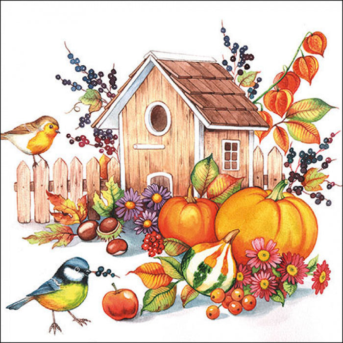 wooden bird house with orange pumpkins pink and purple flowers with birds from DecoupageNapkins.com
