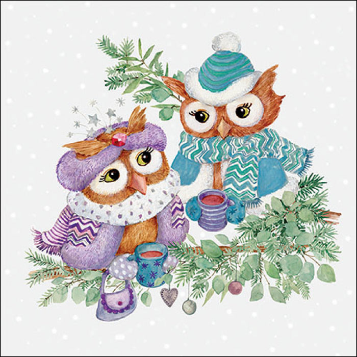 brown owls wearing blue and purple hats and oats with greenery from DecoupageNapkins.com