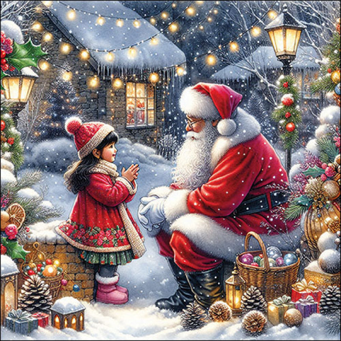 red and white Santa with little girl wearing red hat and coat in snow with Christmas decorations from DecoupageNapkins.com