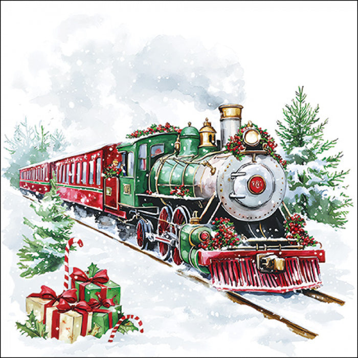 red white and green train in snow with presents and green pine trees from DecoupageNapkins.com