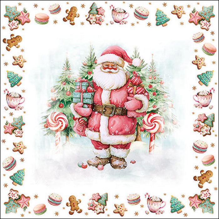red and white Santa with presents pine trees and border or Christmas cookies from DecoupageNapkins.com