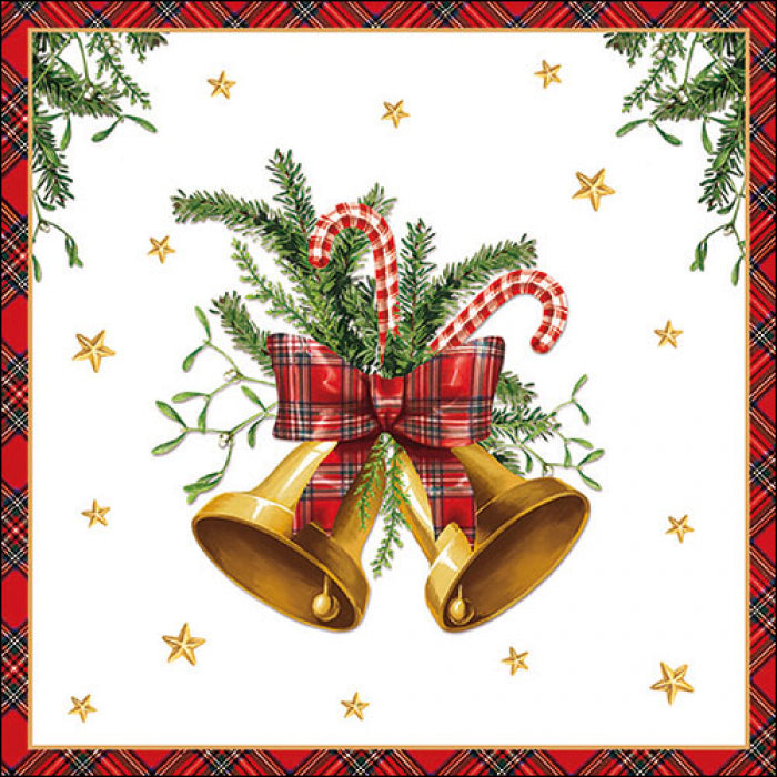 two gold bells with greenery candy canes plaid bow and red plaid border from DecoupageNapkins.com