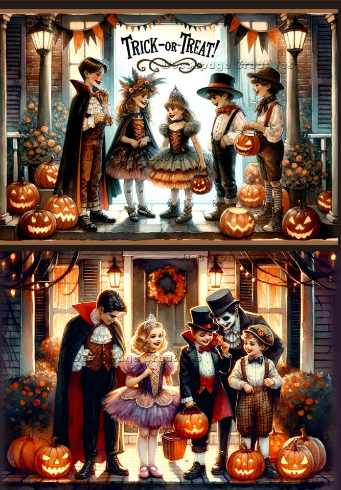 children dressed for trick or treating and jack o lanterns on a porch Decoupage Creatives Rice Paper