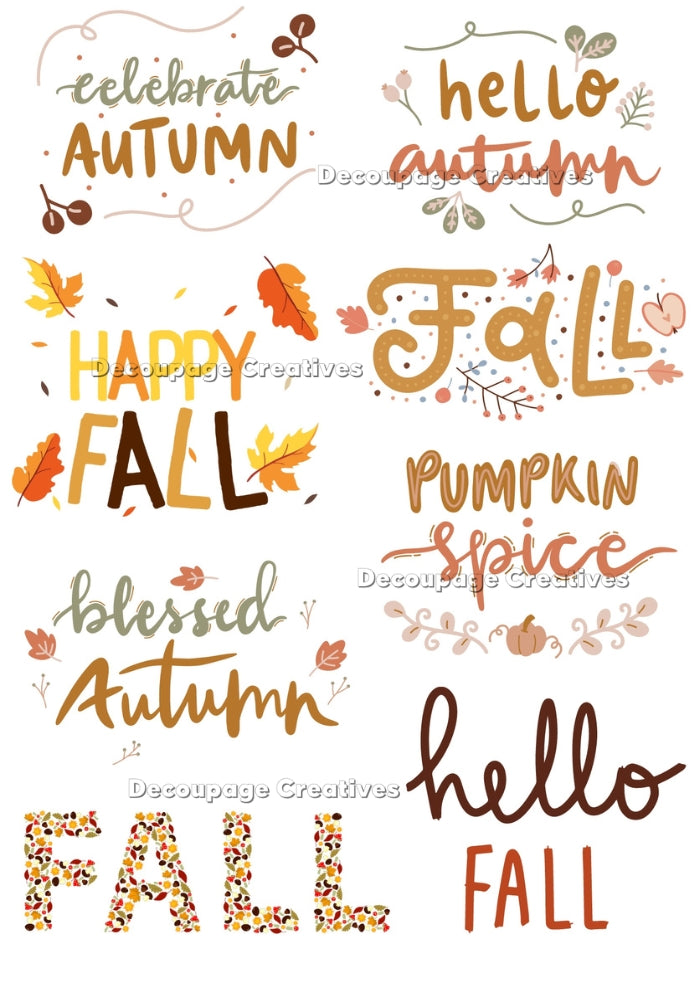 Fall elements with hello fall in different fonts Decoupage Creatives Rice Paper