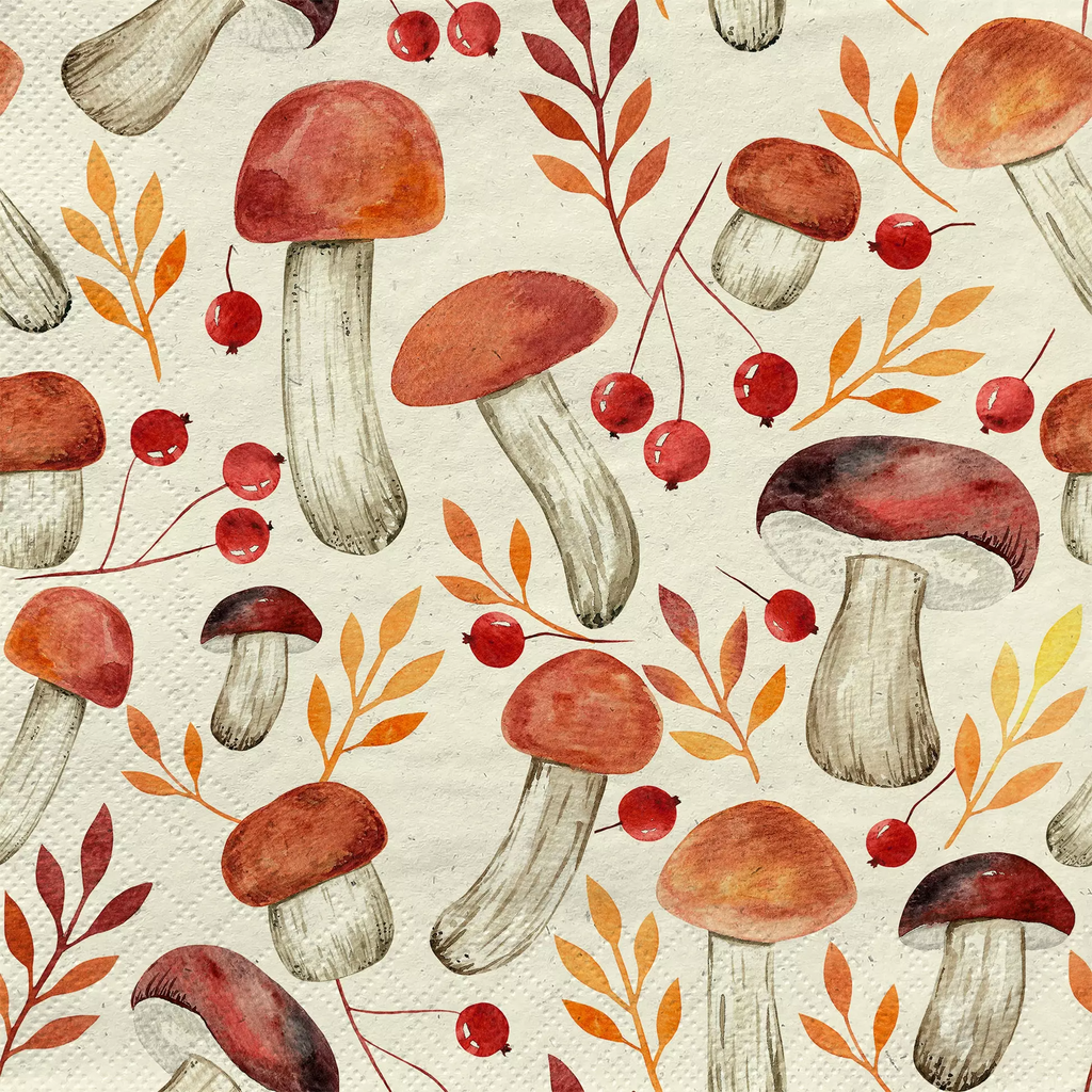Red and orange capped mushrooms with red berries on beige background