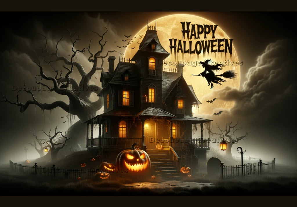 haunted mansion with large Jack O Lantern and filying witch with a full moon with Happy Halloween Decoupage Creatives Rice Paper