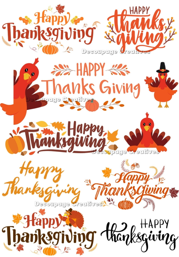 thanksgiving elements with turkeys pumpkins and leaves Decoupage Creatives Rice Paper