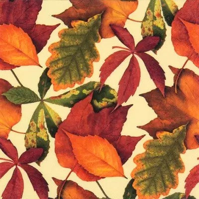 Pattern of autumn leaves in red, orange, and green on a beige background