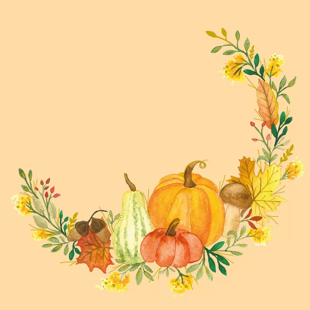 Orane pumpkins in half wreath with Fall colors on orange background