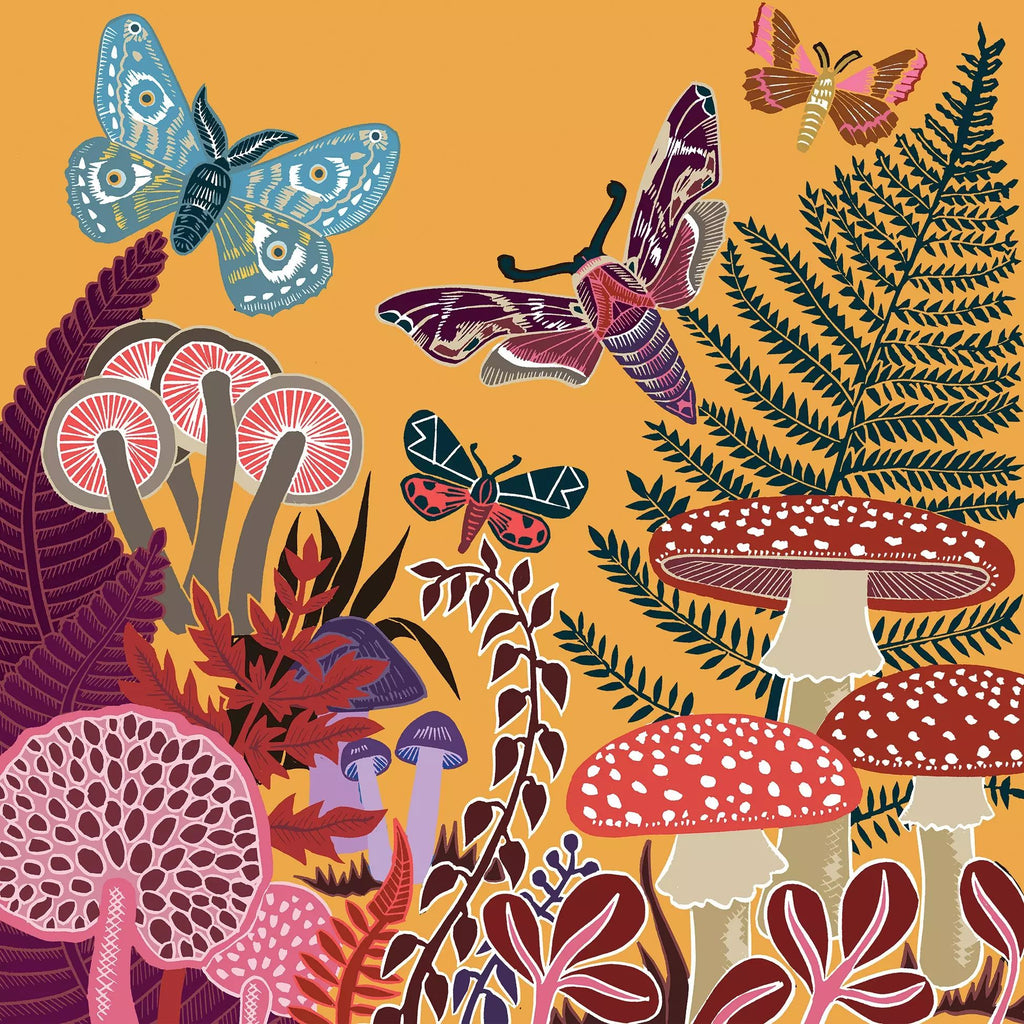 Colorful illustration of butterflies, mushrooms, and foliage on a yellow background