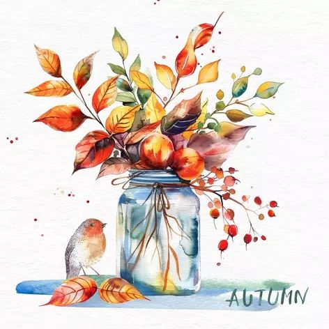 Autumn-themed illustration with a jar of leaves, fruits, and a bird on a white background.