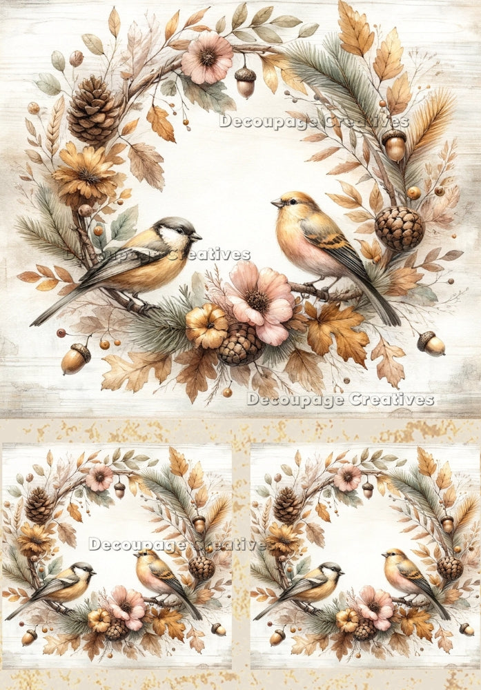 yellow birds on fall branch wreath Decoupage Creatives Rice Paper