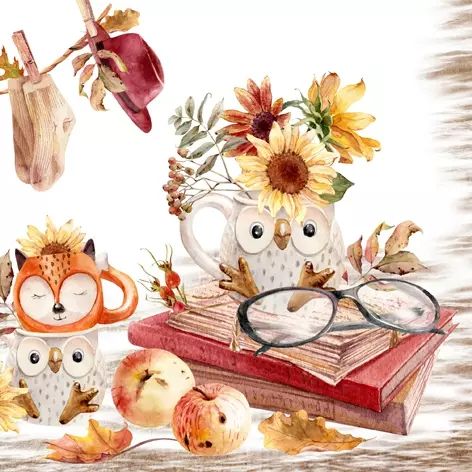 Autumn-themed scene with owls, books, and flowers on a wooden surface.