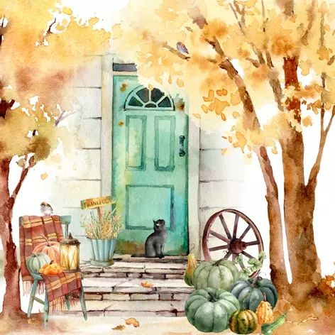 Autumn scene with a teal door, pumpkins, and a cat on a porch.