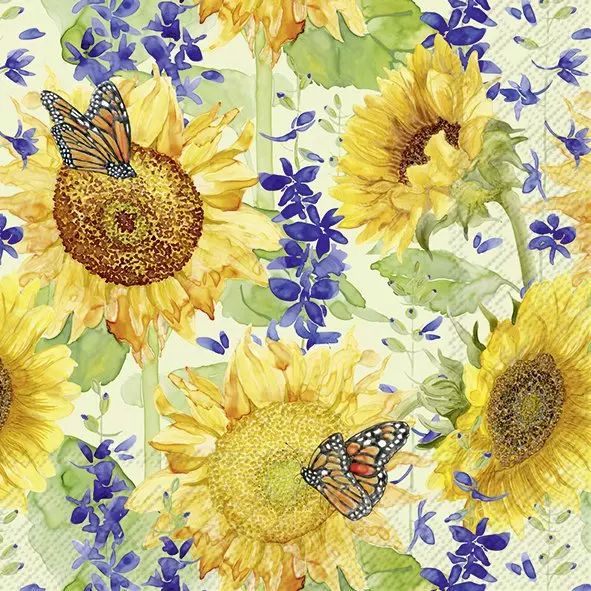 Pattern of sunflowers and butterflies with blue flowers on a light green background