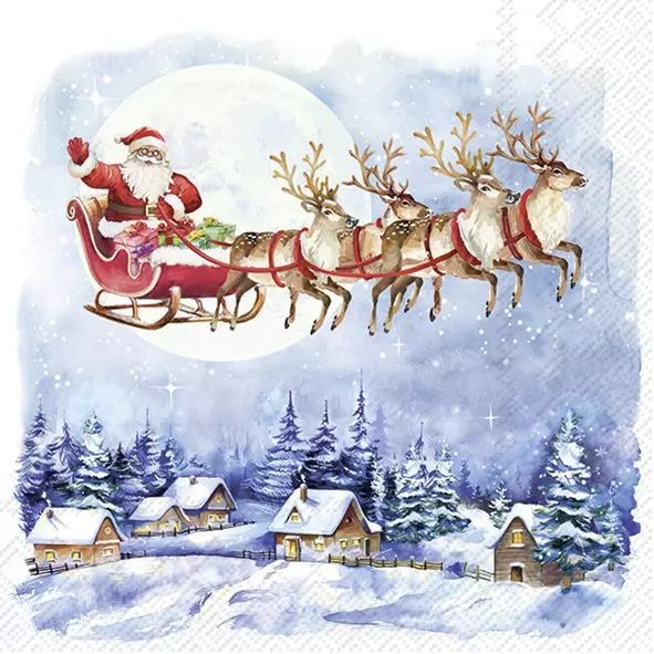 Santa Claus in a sleigh pulled by reindeer over a snowy village.