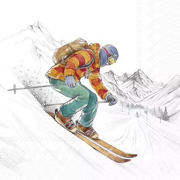 Illustration of a skier with a backpack against a mountainous background