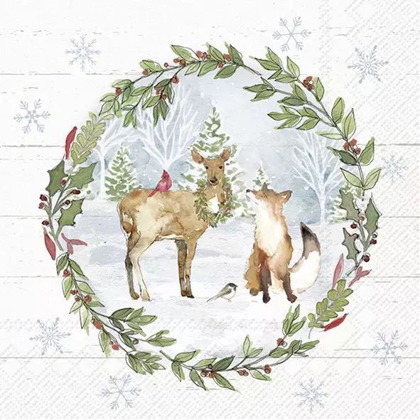 Winter scene with deer and fox surrounded by holly leaves and berries on a white background.
